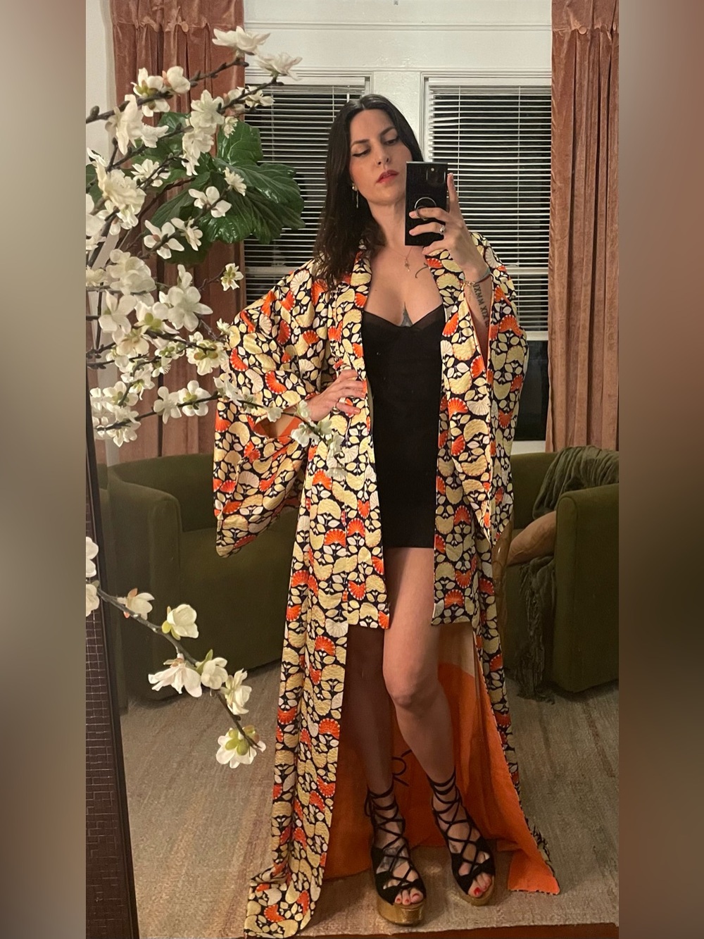 Real silk vintage Japanese kimono mod floral purple orange yellow flowers print